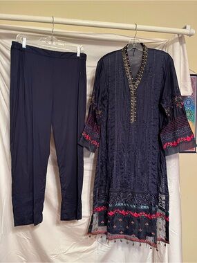 Women’s Navy Embroidered Tunic & Pants Set